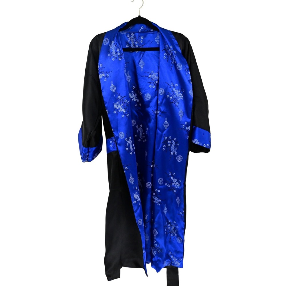 VTG Reversible Phoenix Dragon Kimono Robe Silk Satin Black Blue Pristine Boho - Picture 5 of 15